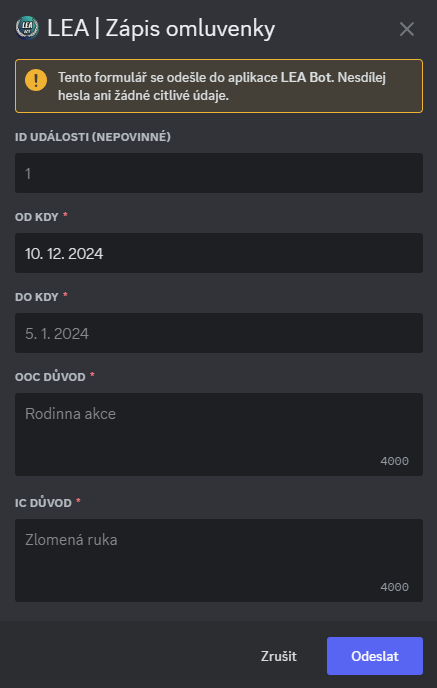 Formulář pro zápis omluvenky