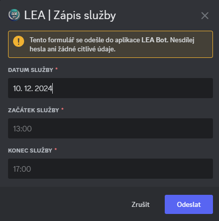 Formulář pro zápis služby